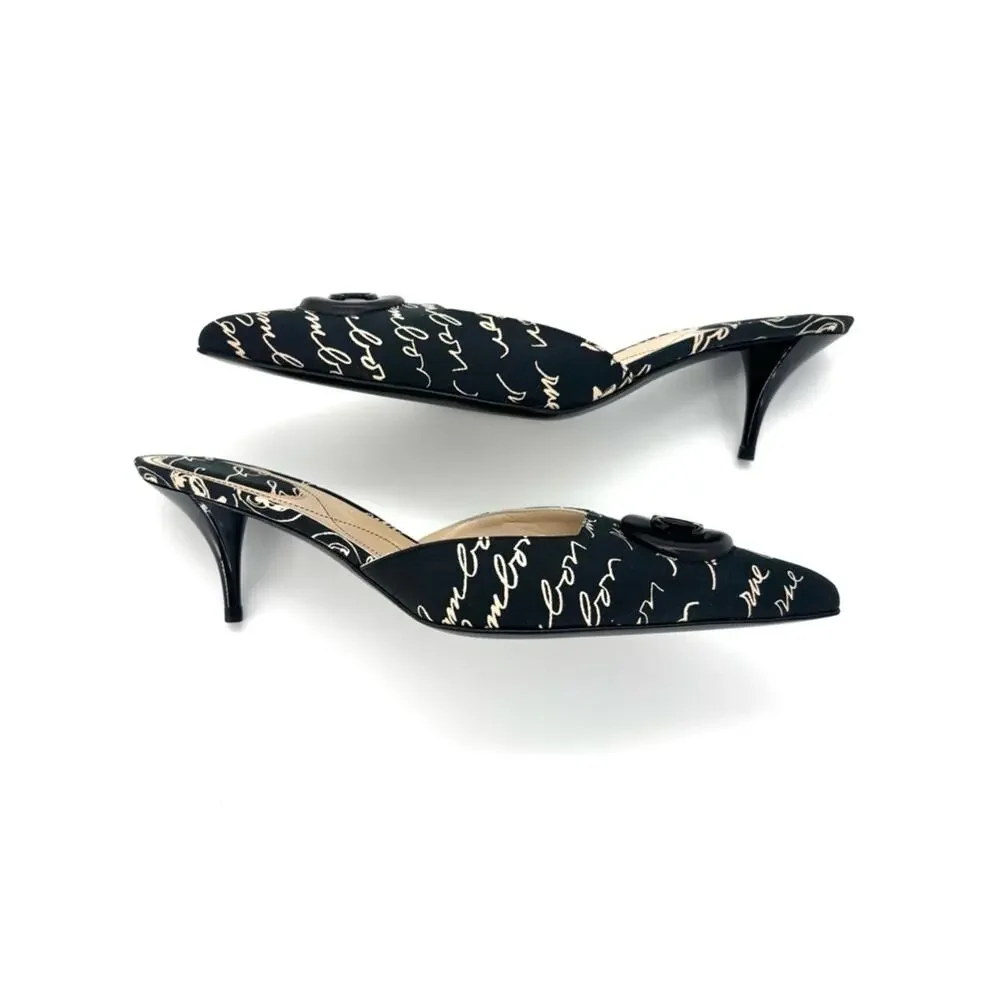 Vintage Chanel 2006 Cruise Script CC Logo Pointed Toe Kitten Heel Mules 38